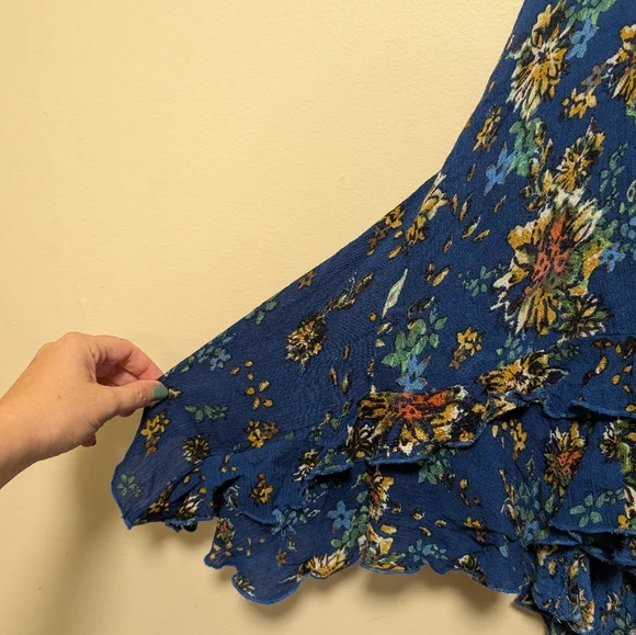 Free People FP One Go Lightly Blue Floral Ruffle Gauze Mini Dress – Size Large - Picture 5 of 8